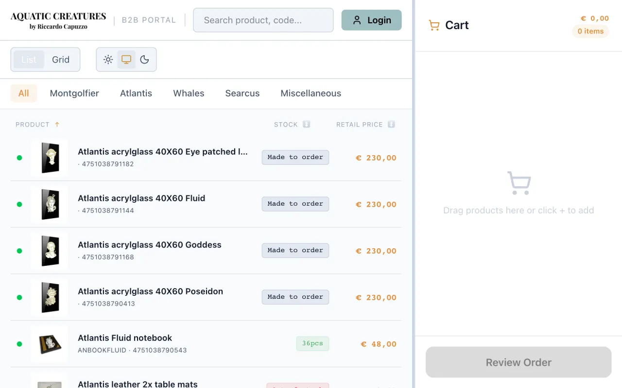 Aquatic Creatures B2B portal: catalogue in list view with stock levels, prices and cart.