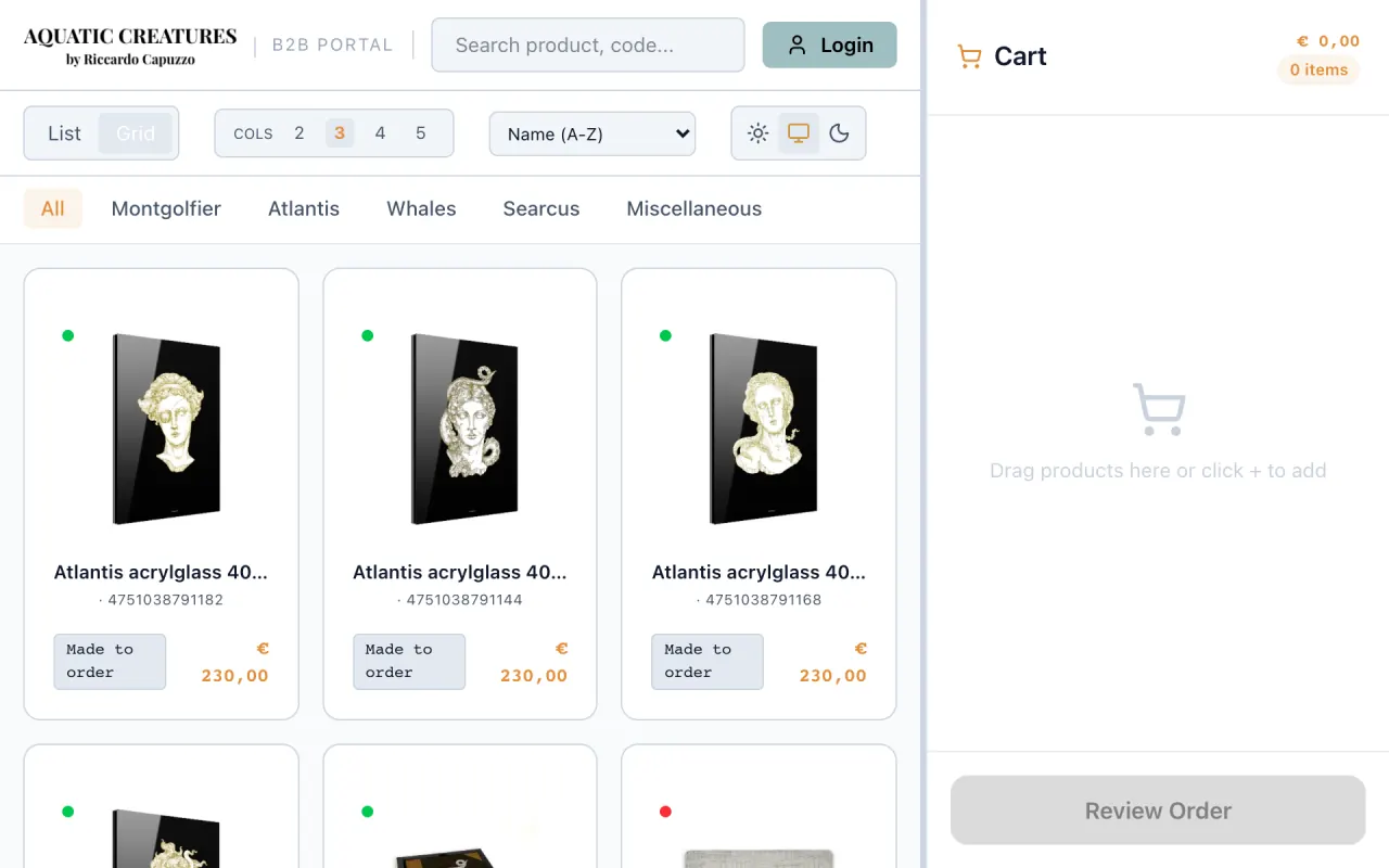 Aquatic Creatures B2B portal: catalogue in grid view with product images.