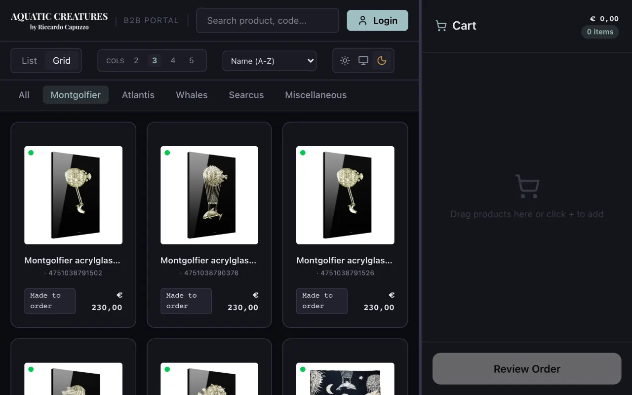 Aquatic Creatures B2B portal: catalogue filtered by brand, in dark theme.