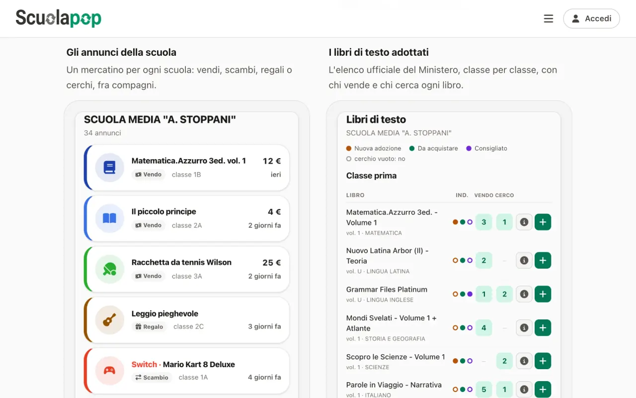 Scuolapop.it: listings posted by a school and the textbooks adopted class by class.
