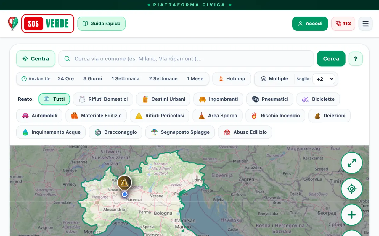 SOSverde.it: search bar and filters by type of offence above the map of reports.