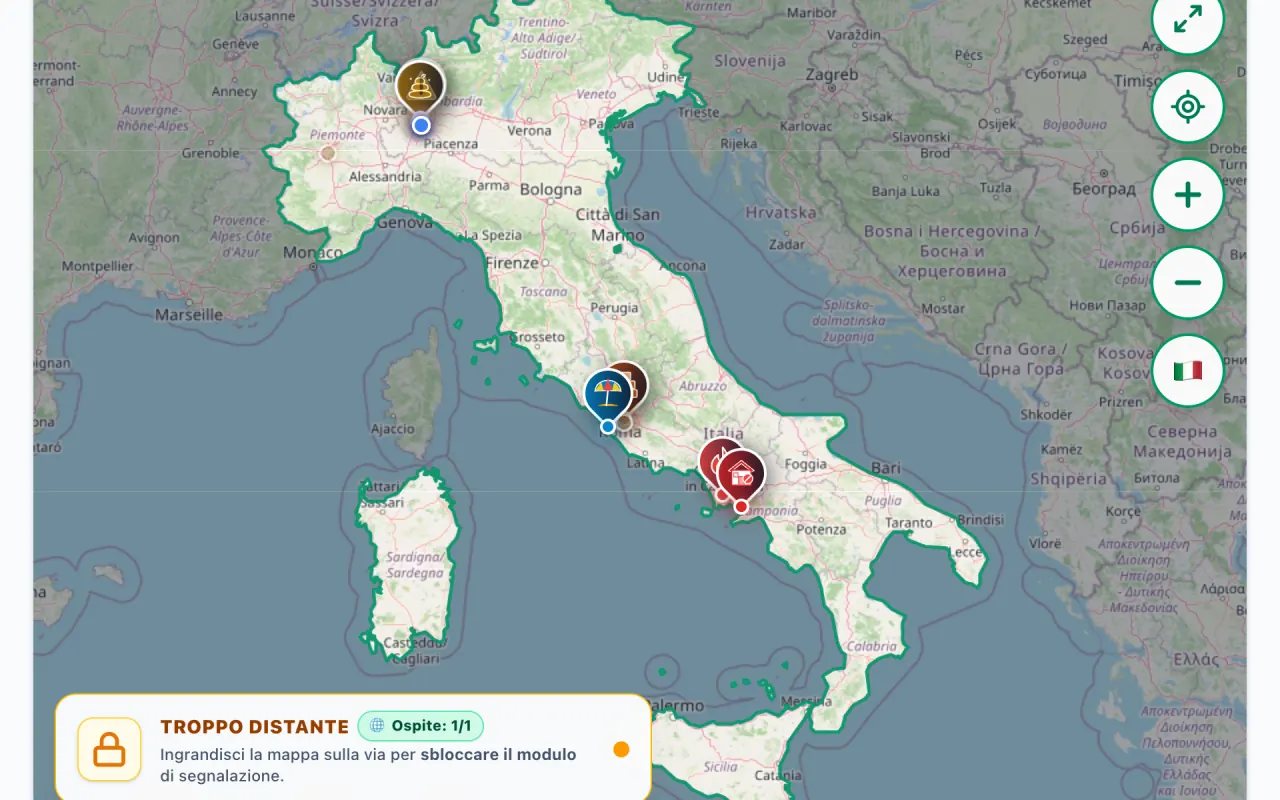 SOSverde.it: the national map with markers for environmental reports.