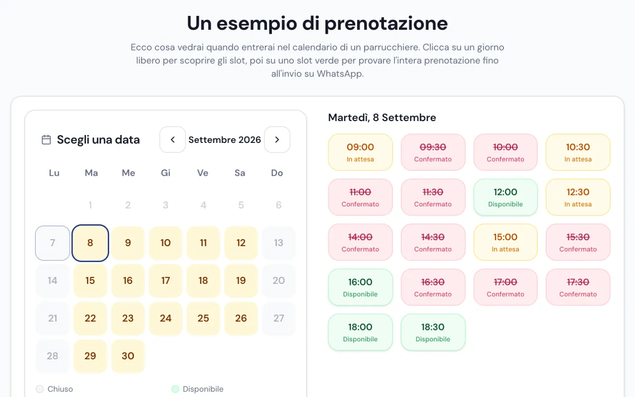 unTaglio.it: salon calendar with available and already confirmed time slots.